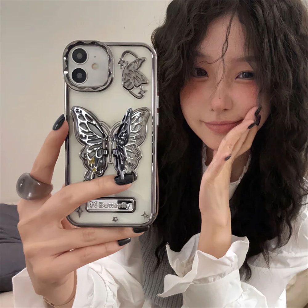 LuxuryKase LK113 Electroplate Solid Butterfly Holder Girl Case For iPhone 11 12 13 14 15 Plus Pro Max