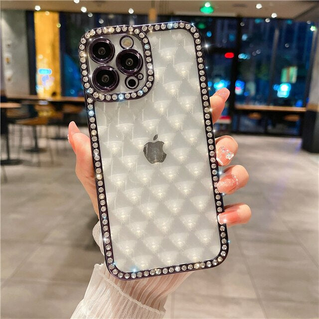 LuxuryKase Lingge Bling Glitter Bumper Transparent Shockproof Soft Case Cover For Iphone 11 12 13 14 Plus Mini Pro Max