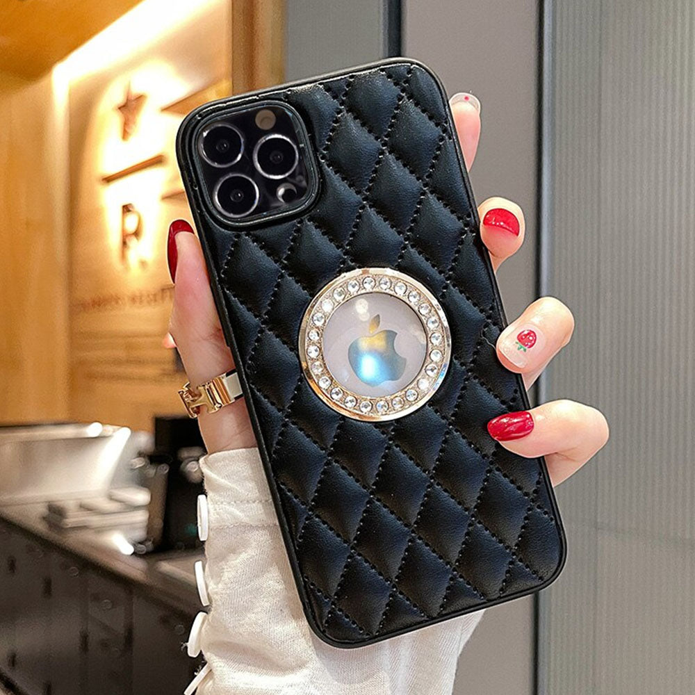 LuxuryKase Grid Glitter, Diamond Clear Logo, Jewelled Leather Case Cover For Iphone 11 12 13 14 15 Plus Mini Pro Max