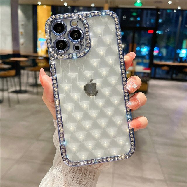 LuxuryKase Lingge Bling Glitter Bumper Transparent Shockproof Soft Case Cover For Iphone 11 12 13 14 Plus Mini Pro Max