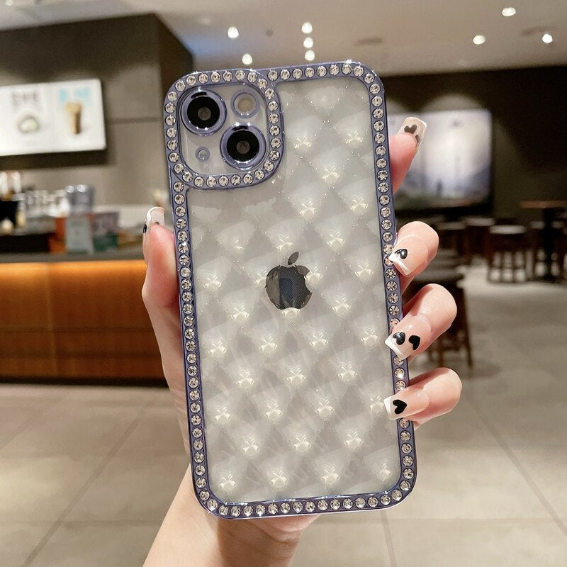 LuxuryKase Lingge Bling Glitter Bumper Transparent Shockproof Soft Case Cover For Iphone 11 12 13 14 Plus Mini Pro Max