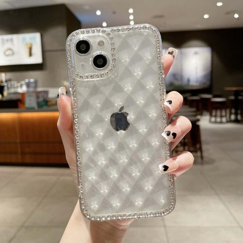 LuxuryKase Lingge Bling Glitter Bumper Transparent Shockproof Soft Case Cover For Iphone 11 12 13 14 Plus Mini Pro Max