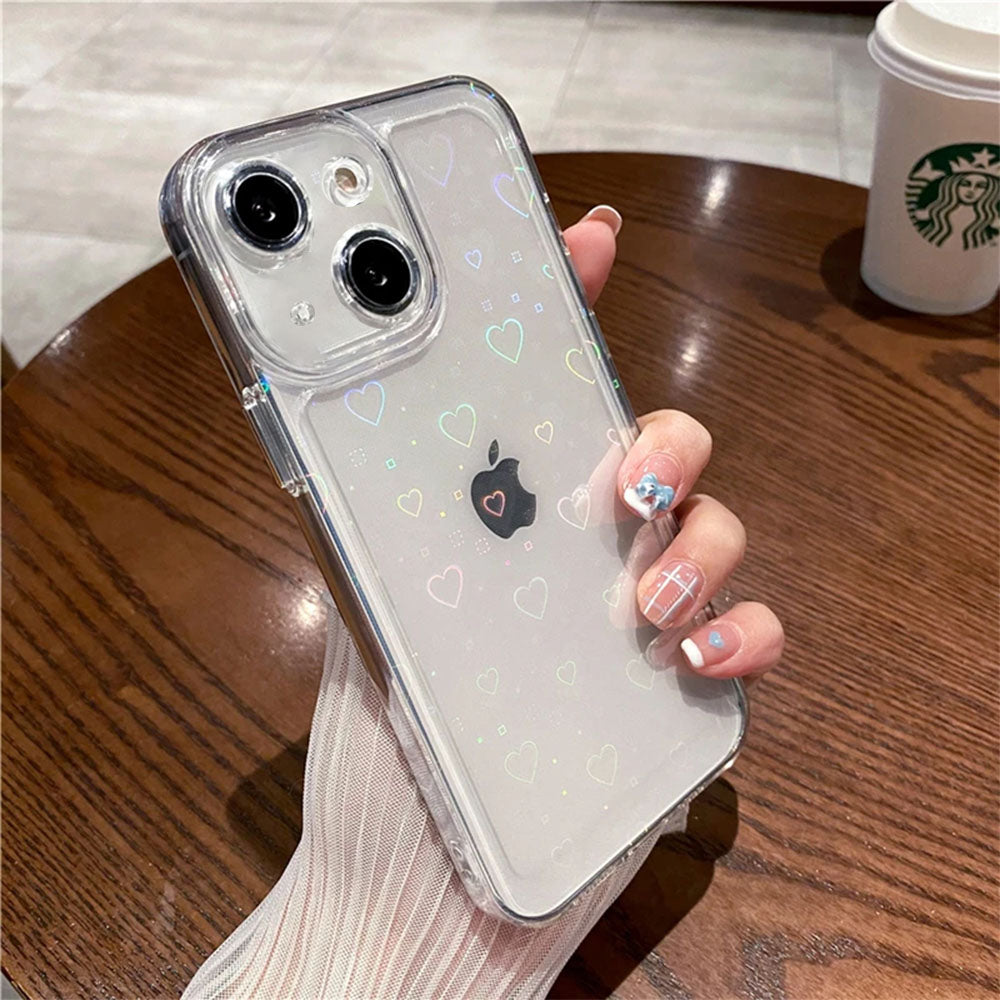 LuxuryKase LK121 3D Laser Glitter Love Heart Transparent Case For iPhone 15 Plus Pro Max