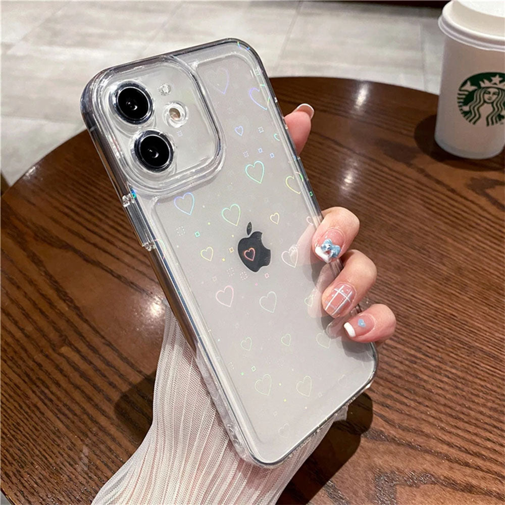 LuxuryKase LK121 3D Laser Glitter Love Heart Transparent Case For iPhone 11 12 13 14 Plus Pro Max