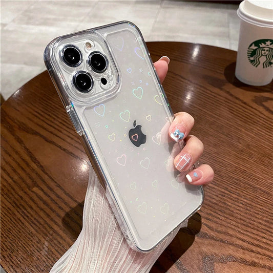 LuxuryKase LK121 3D Laser Glitter Love Heart Transparent Case For iPhone 11 12 13 14 Plus Pro Max