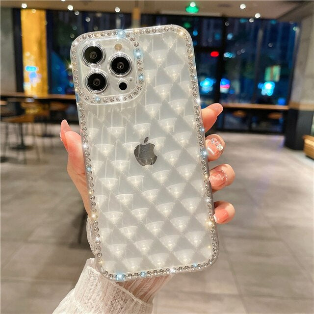 LuxuryKase Lingge Bling Glitter Bumper Transparent Shockproof Soft Case Cover For Iphone 11 12 13 14 Plus Mini Pro Max