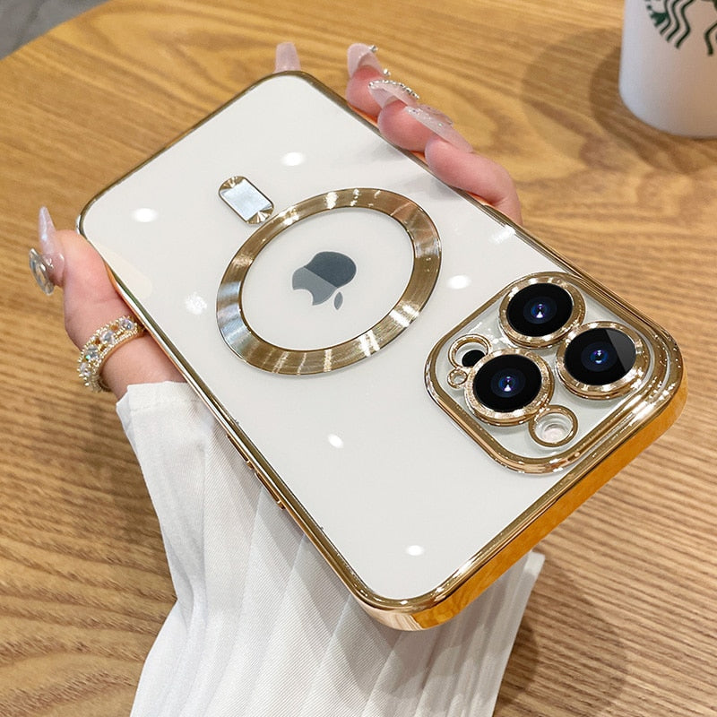 LuxuryKase Plating Magnetic Soft Cover with Camera Lens Protector, Compatible with Magsafe, Wireless Charging, and Magnetic Attachments For Iphone