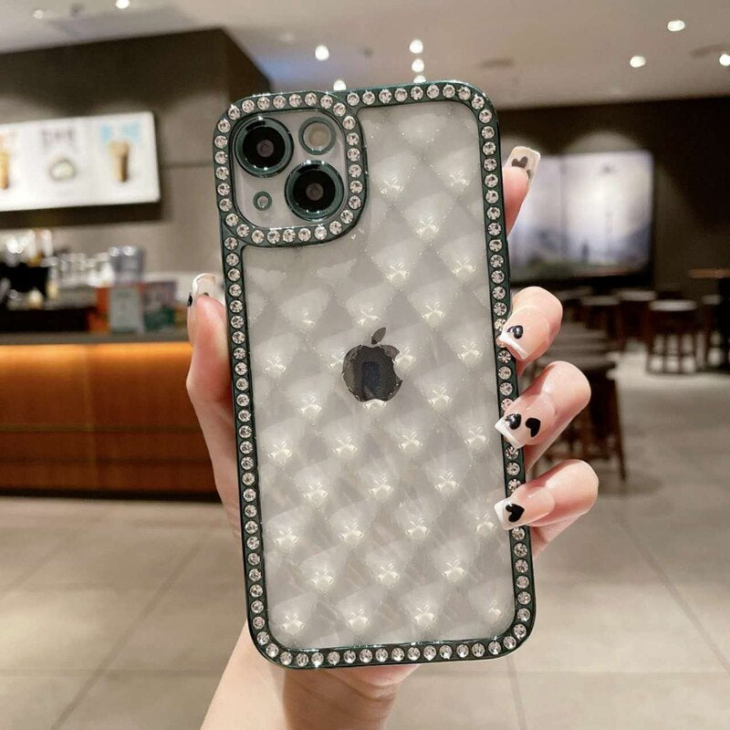 LuxuryKase Lingge Bling Glitter Bumper Transparent Shockproof Soft Case Cover For Iphone 11 12 13 14 Plus Mini Pro Max