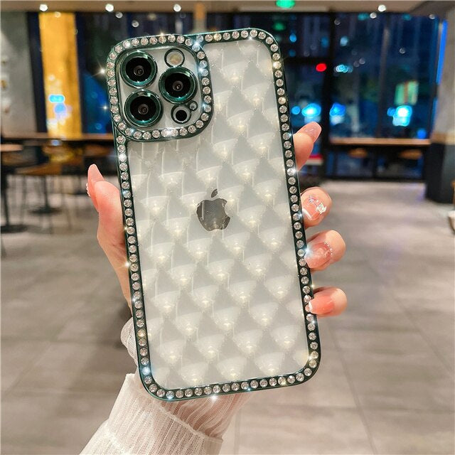 LuxuryKase Lingge Bling Glitter Bumper Transparent Shockproof Soft Case Cover For Iphone 11 12 13 14 Plus Mini Pro Max