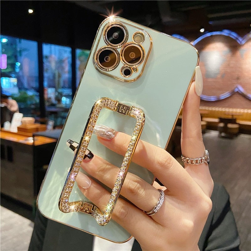 US LITE Crystal Square Holder Gold Plating Phone Case Cover for Iphone 13 14 Plus Mini Pro Max