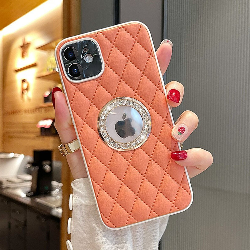 LuxuryKase Grid Glitter, Diamond Clear Logo, Jewelled Leather Case Cover For Iphone 11 12 13 14 15 Plus Mini Pro Max