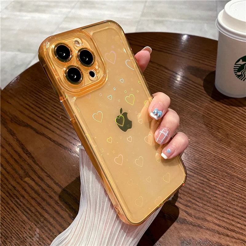 LuxuryKase LK121 3D Laser Glitter Love Heart Transparent Case For iPhone 15 Plus Pro Max