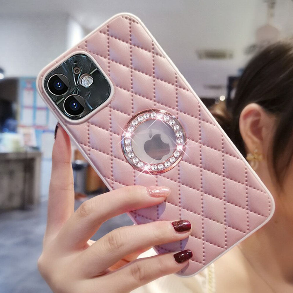 LuxuryKase Grid Glitter, Diamond Clear Logo, Jewelled Leather Case Cover For Iphone 11 12 13 14 15 Plus Mini Pro Max