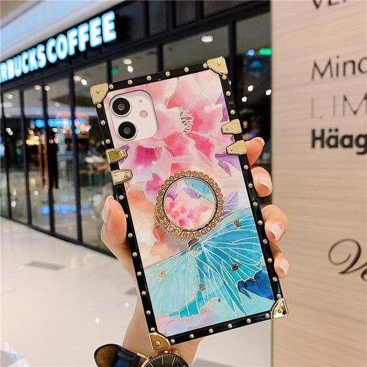 LuxuryKase Bling Floral Flower Square Case Cover For Iphone 11 12 13 14 Plus Mini Pro Max