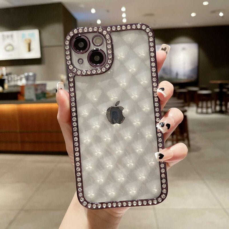 LuxuryKase Lingge Bling Glitter Bumper Transparent Shockproof Soft Case Cover For Iphone 11 12 13 14 Plus Mini Pro Max