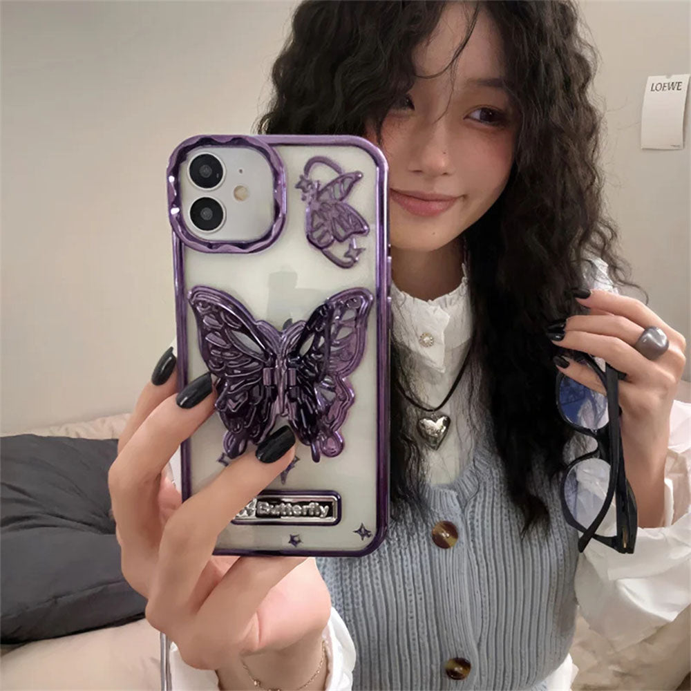 LuxuryKase LK113 Electroplate Solid Butterfly Holder Girl Case For iPhone 11 12 13 14 15 Plus Pro Max