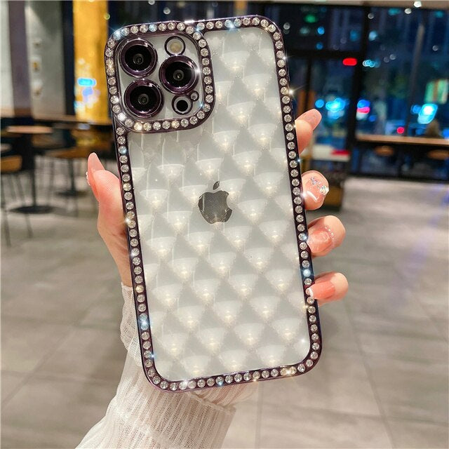 LuxuryKase Lingge Bling Glitter Bumper Transparent Shockproof Soft Case Cover For Iphone 11 12 13 14 Plus Mini Pro Max