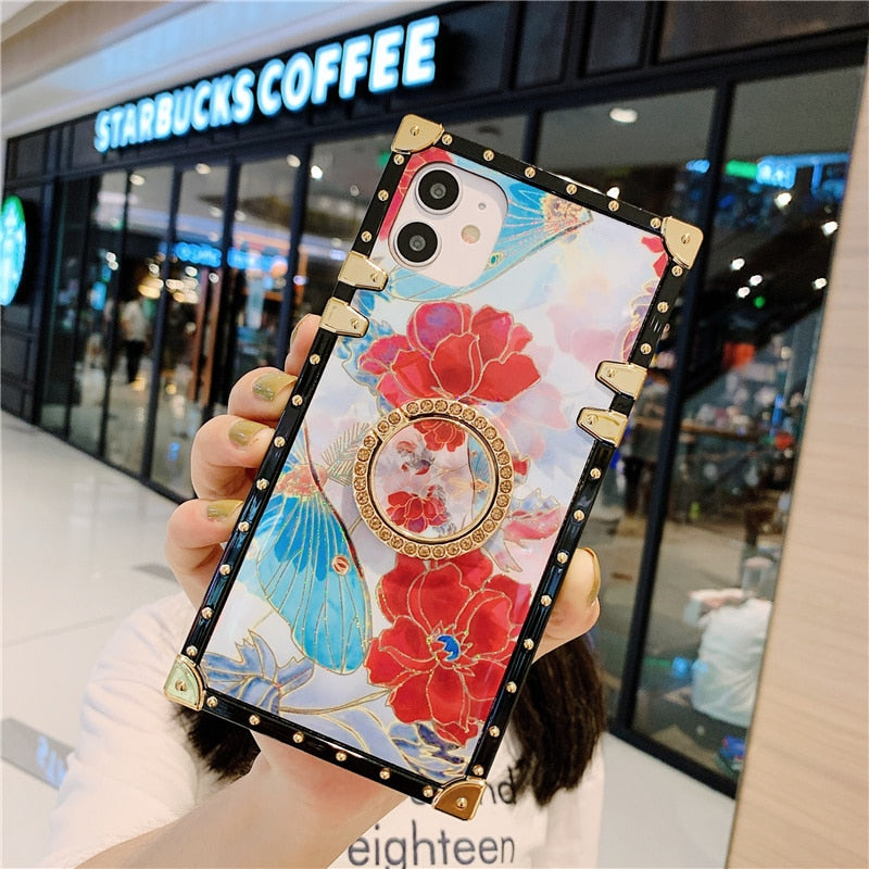 LuxuryKase Bling Floral Flower Square Case Cover For Iphone 11 12 13 14 Plus Mini Pro Max