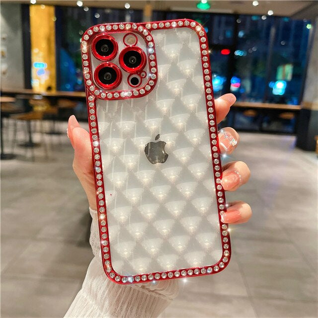 LuxuryKase Lingge Bling Glitter Bumper Transparent Shockproof Soft Case Cover For Iphone 11 12 13 14 Plus Mini Pro Max