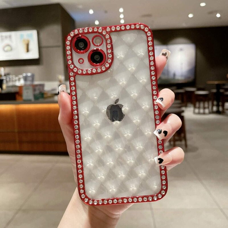 LuxuryKase Lingge Bling Glitter Bumper Transparent Shockproof Soft Case Cover For Iphone 11 12 13 14 Plus Mini Pro Max