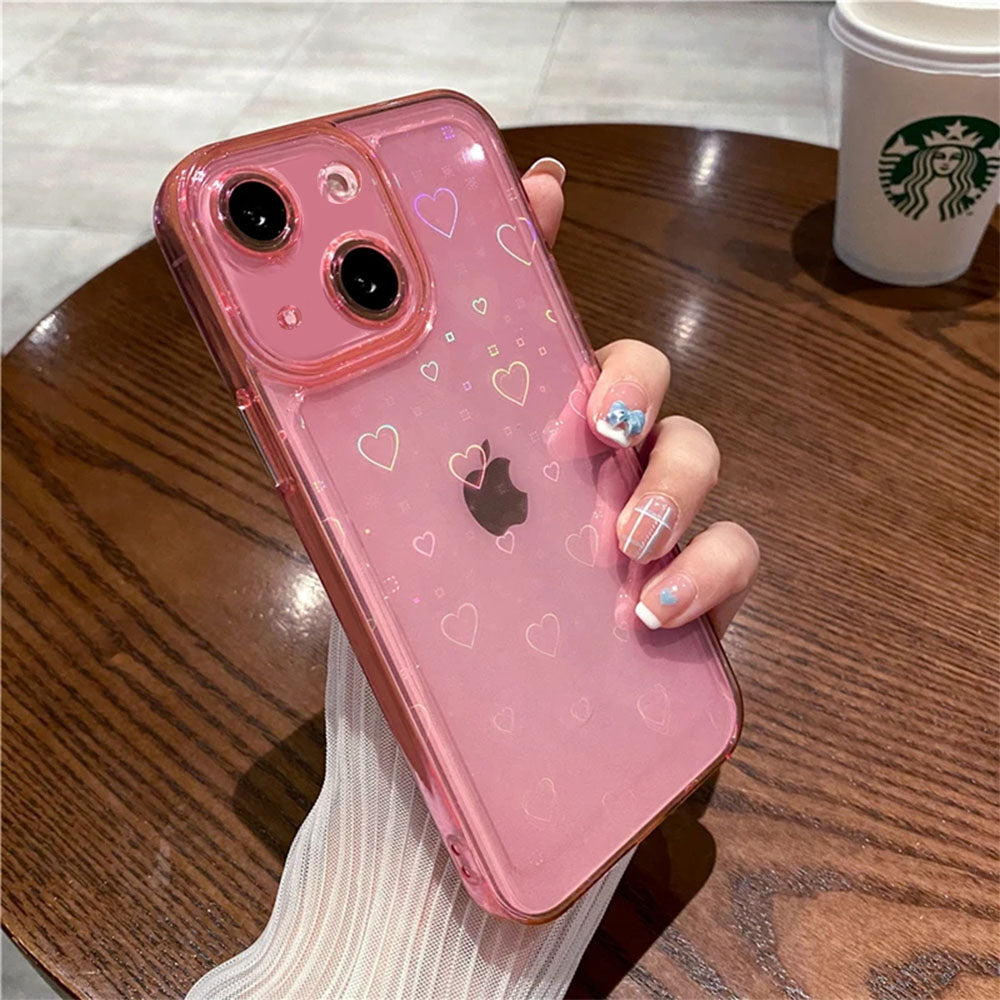 LuxuryKase LK121 3D Laser Glitter Love Heart Transparent Case For iPhone 15 Plus Pro Max