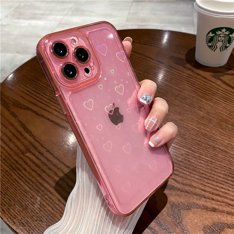 LuxuryKase LK121 3D Laser Glitter Love Heart Transparent Case For iPhone 15 Plus Pro Max