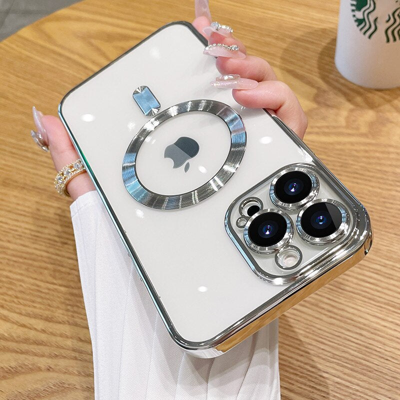 LuxuryKase Plating Magnetic Soft Cover with Camera Lens Protector, Compatible with Magsafe, Wireless Charging, and Magnetic Attachments For Iphone