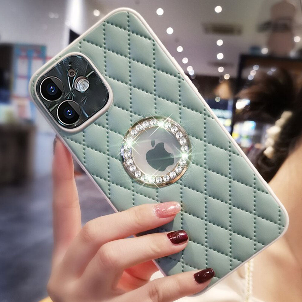 LuxuryKase Grid Glitter, Diamond Clear Logo, Jewelled Leather Case Cover For Iphone 11 12 13 14 15 Plus Mini Pro Max